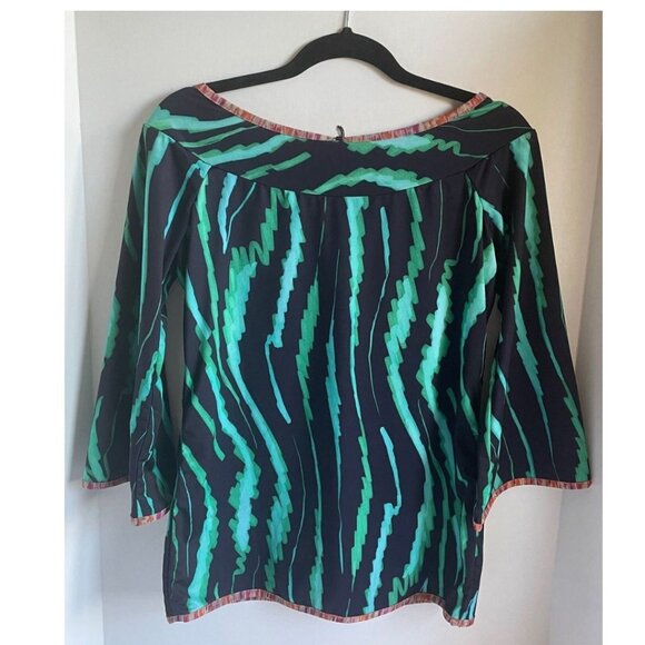 Save the Queen Cowboy 80s Top Womens Large Green Black Boat Neck Stretch - Picture 3 of 9